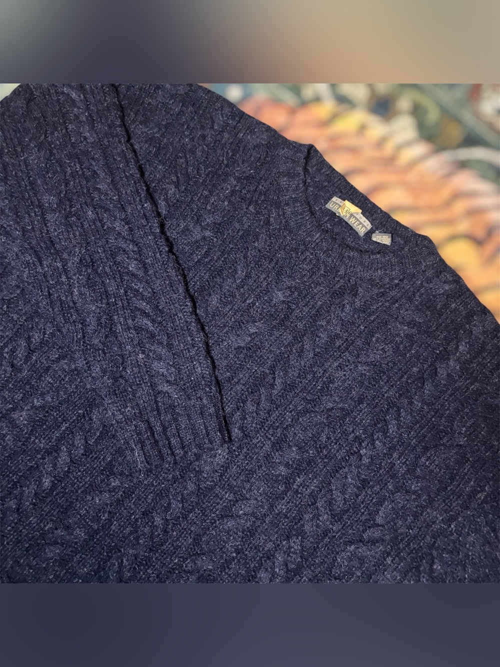 Vintage 90s 100% Shetland Wool Chinky Cable Knit Fisherman Sweater Blue XL Mens